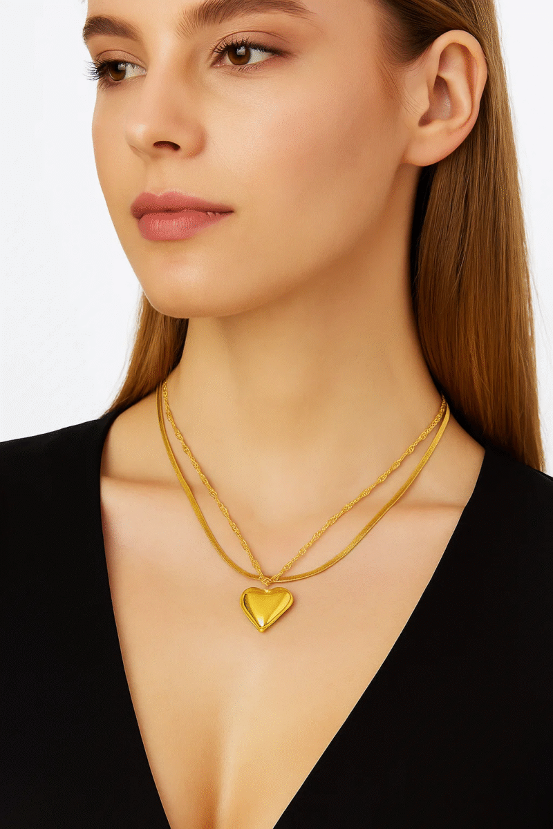 Gold Plated Heart Pendant Layered Necklace for Women