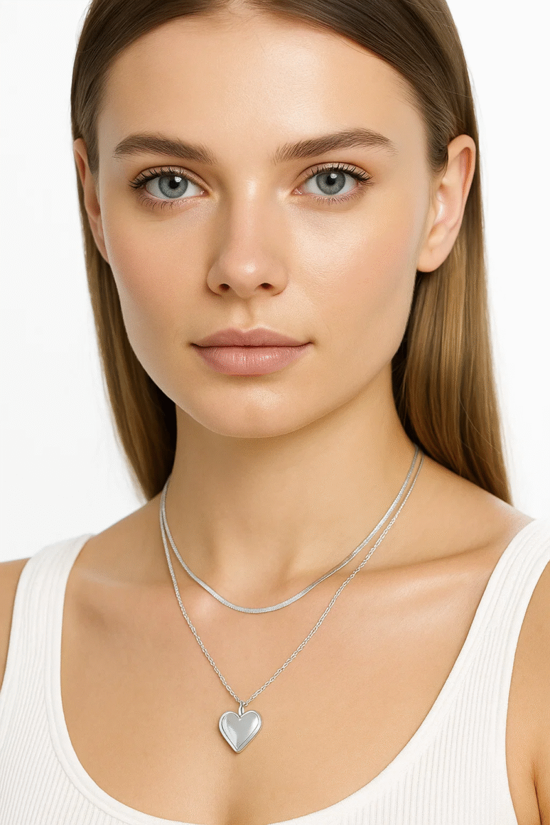 Silver Plated Heart Pendant Layered Necklace for Women