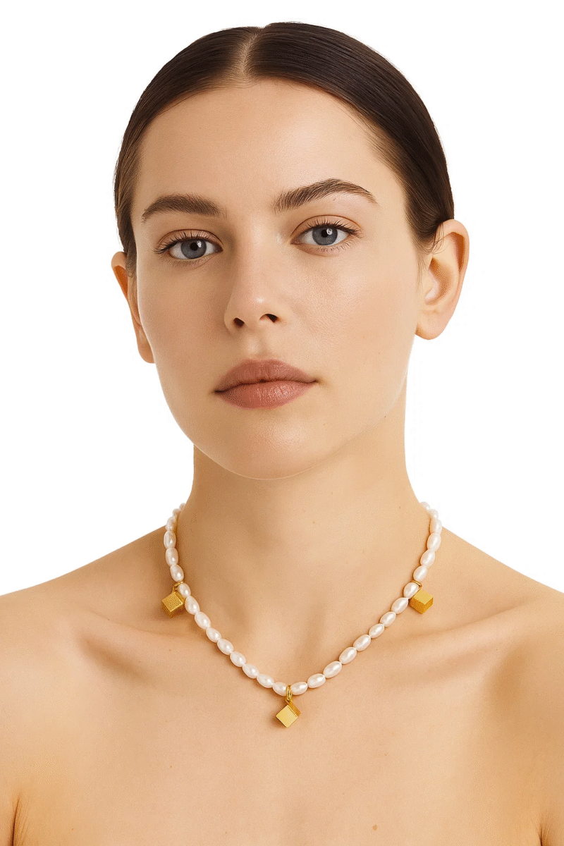 Freshwater Pearl & Gold Cube Charm Necklace - Dainty & Modern Jewelry