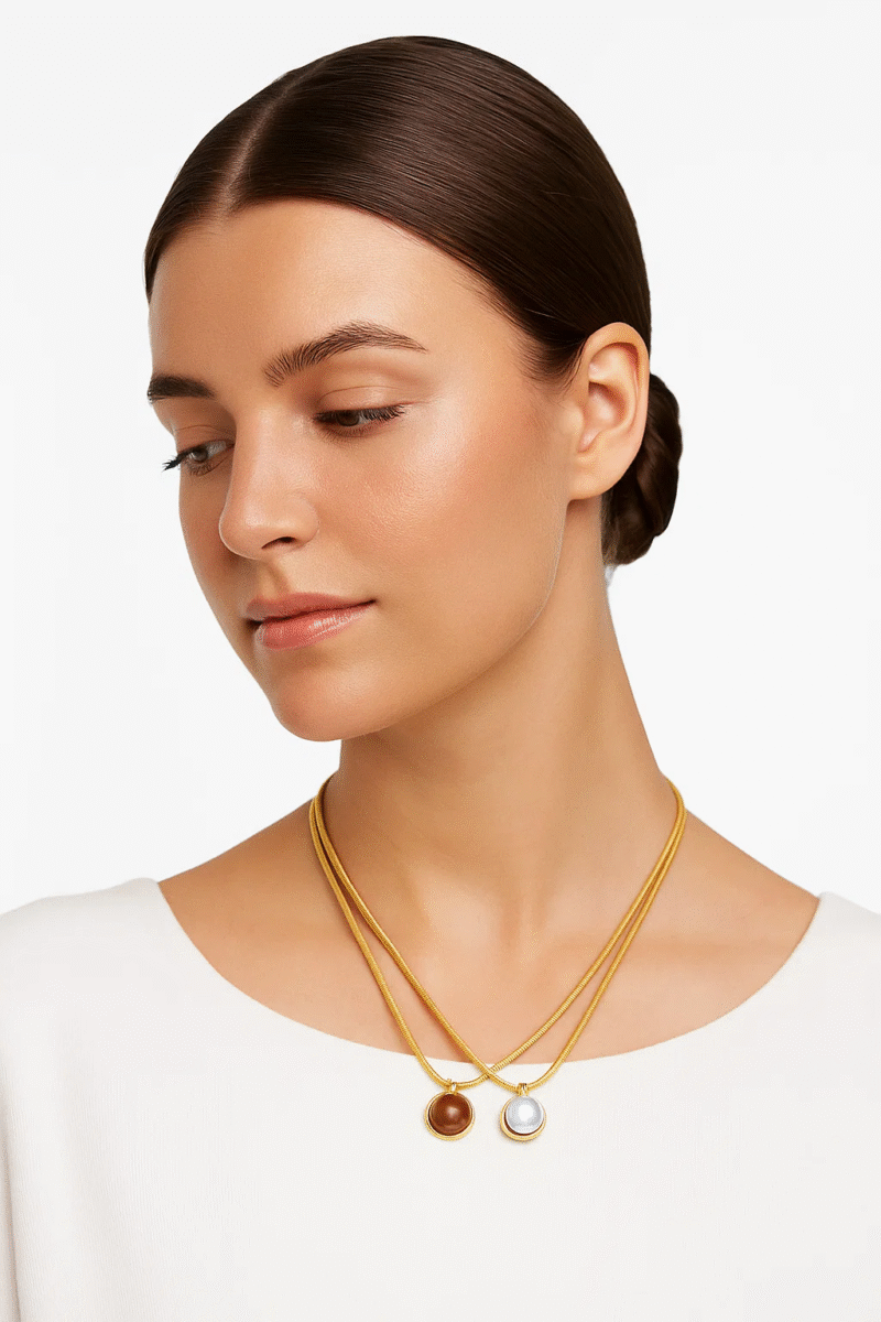 Gold Snake Chain Necklace with Pearl & Tiger Eye Pendant Set - Trendy & Versatile