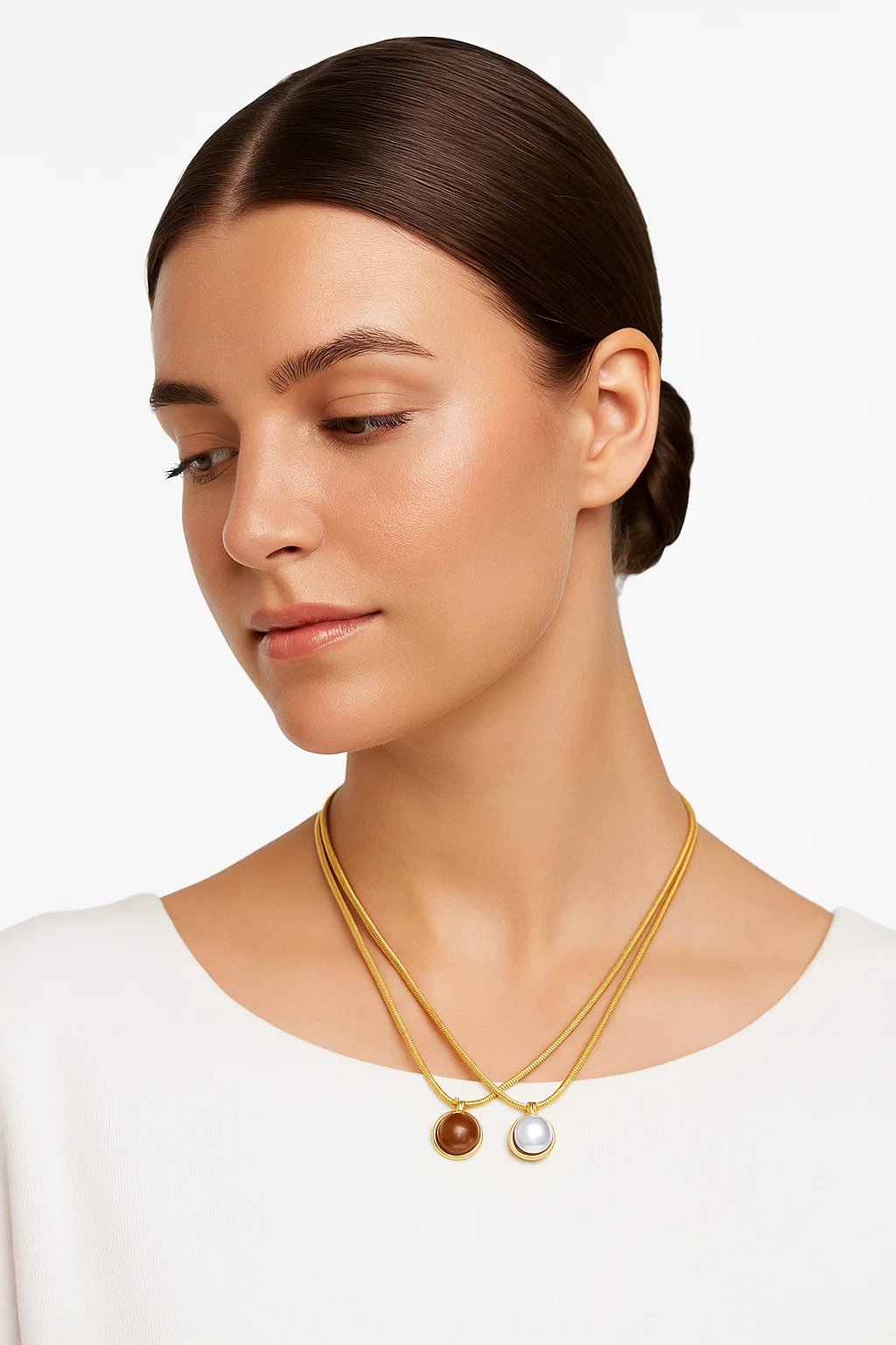 Gold Snake Chain Necklace with Pearl & Tiger Eye Pendant Set - Trendy & Versatile - model-show-0702002 