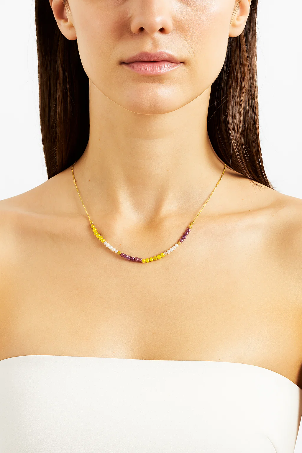 Ombre Gemstone & Pearl Dainty Necklace - Yellow, Purple & White Beaded Gold Chain