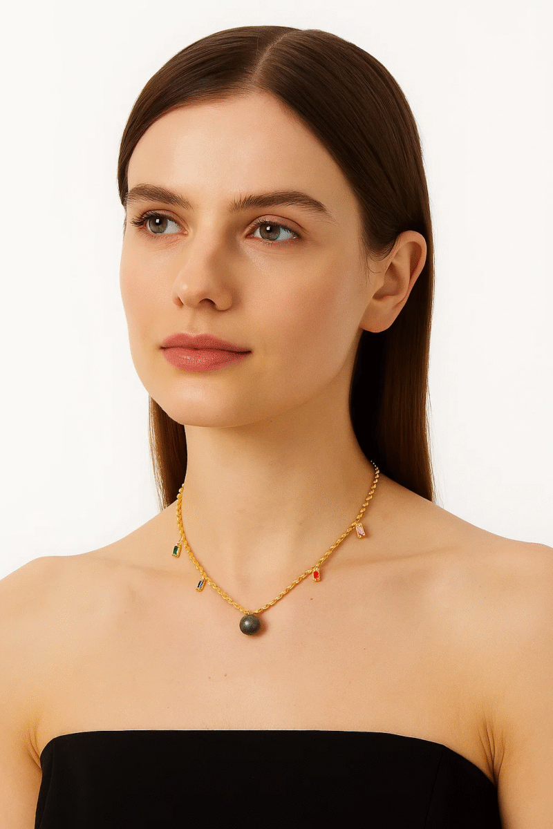 Gold Beaded Chain Necklace with Colorful Zircon Charms & Stone Pendant - Dainty & Modern