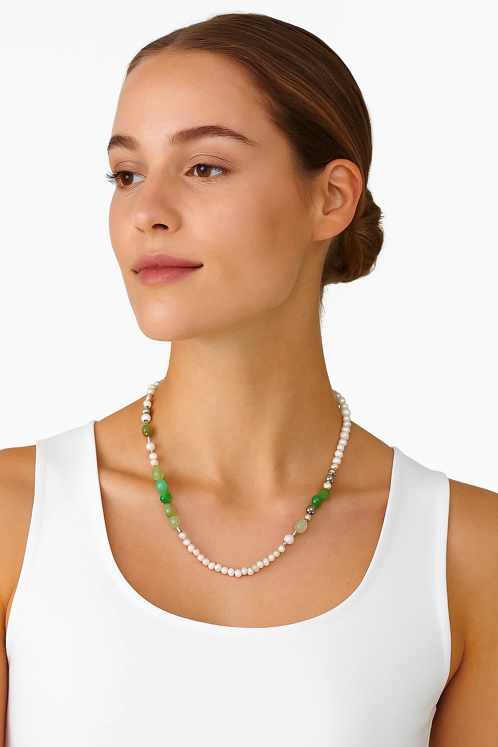 Natural Green Agate & Freshwater Pearl Beaded Necklace - Sterling Silver Accents - model-show-0703001 