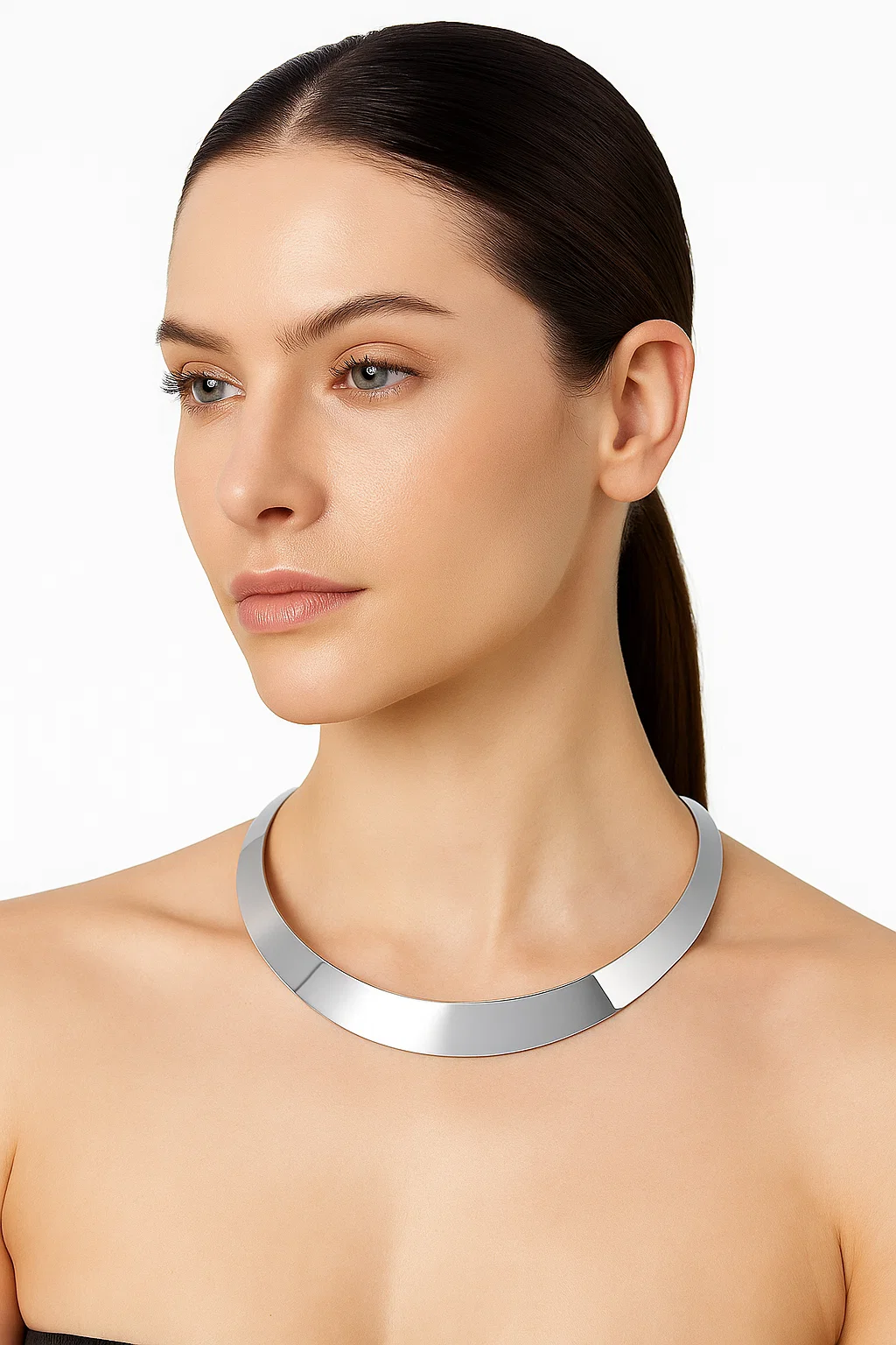 Sleek Silver-Tone Choker Necklace for Women - Modern Minimalist Statement Collar - model-show-0709003 