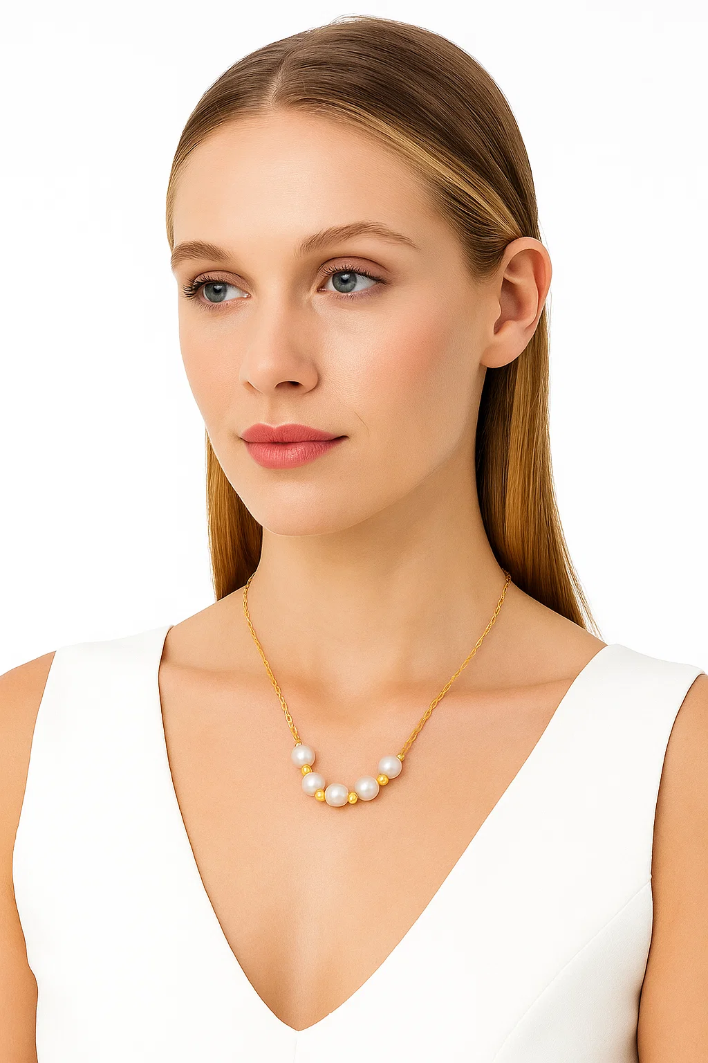 Elegant Gold Tone Chain Necklace with White Faux Pearls & Gold Beads - Dainty & Classic Design - model-show-0709005 