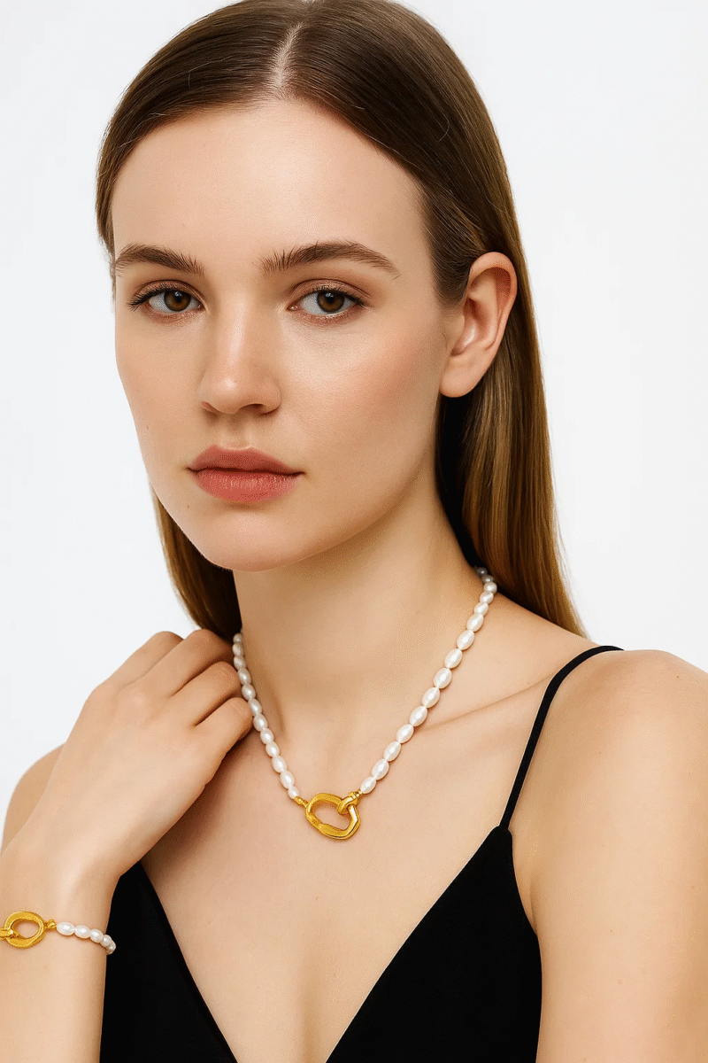 Freshwater Pearl Necklace & Bracelet Set - 18K Gold Plated Organic Link Clasp