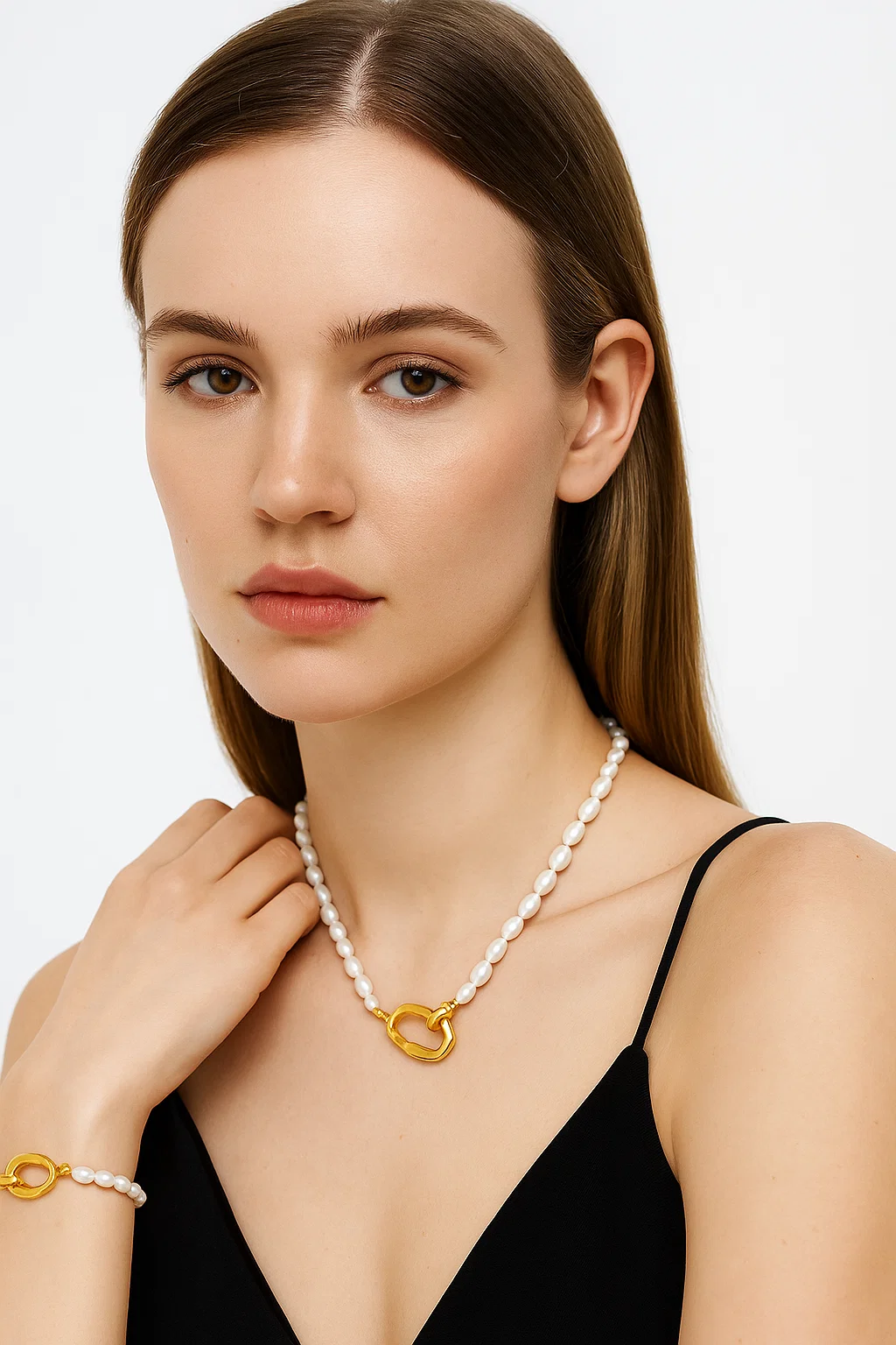 Freshwater Pearl Necklace & Bracelet Set - 18K Gold Plated Organic Link Clasp - model-show-071101 