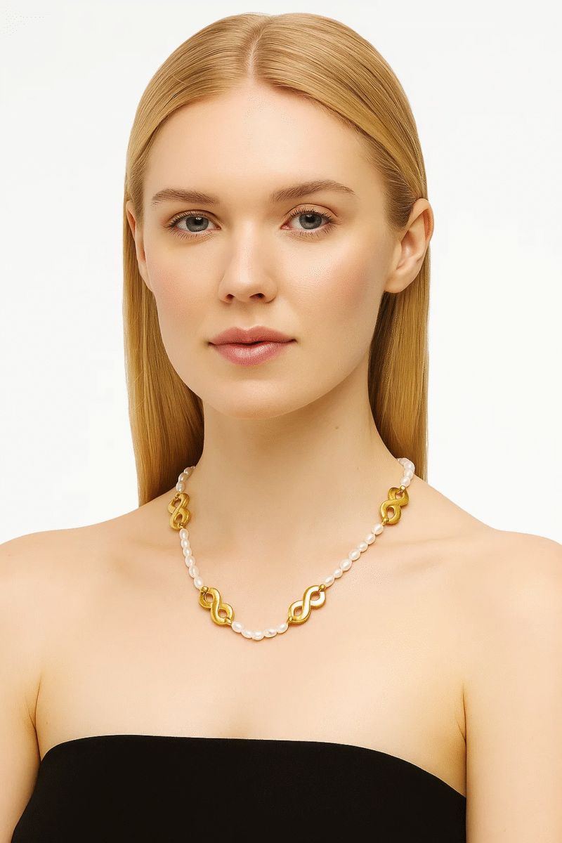 Freshwater Pearl Necklace with 18K Gold Plated Infinity Links - Long Station Necklace