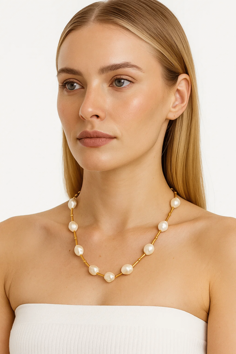 Imitation Pearl & 18K Gold Plated Bar Link Station Necklace - Modern Beaded Chain