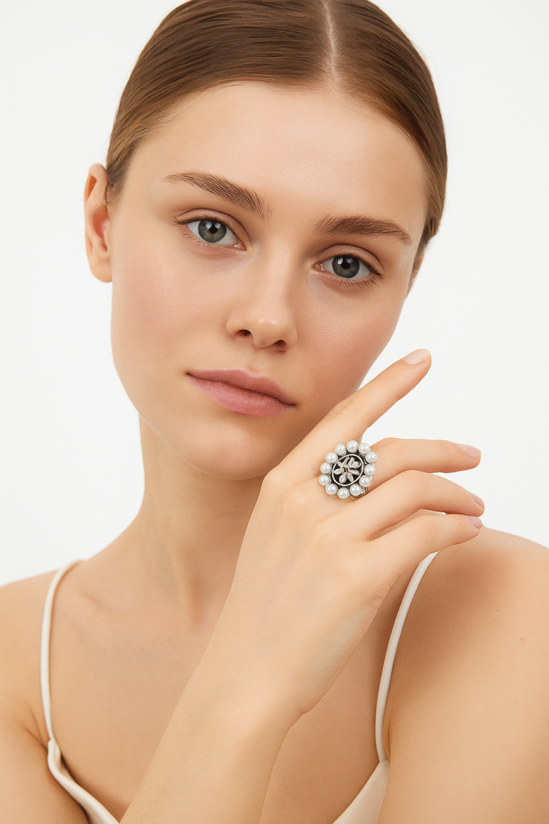 Sterling Silver Pearl & Black Enamel Floral Adjustable Ring for Women