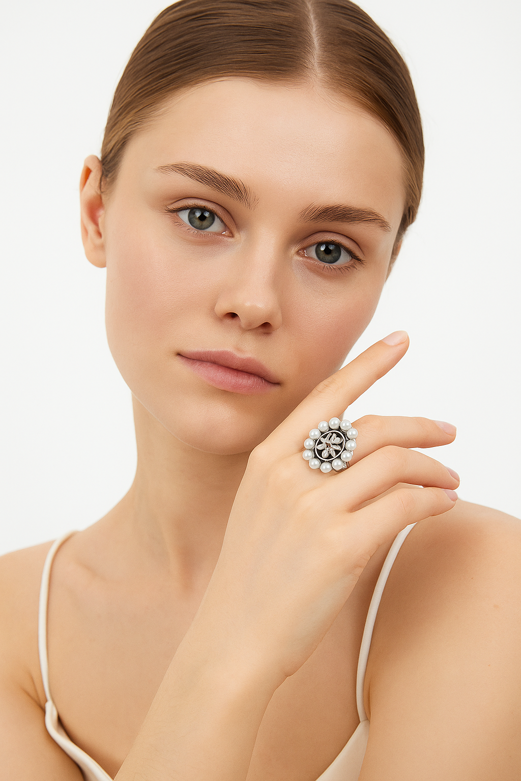 Sterling Silver Pearl & Black Enamel Floral Adjustable Ring for Women - model-show-0715002 