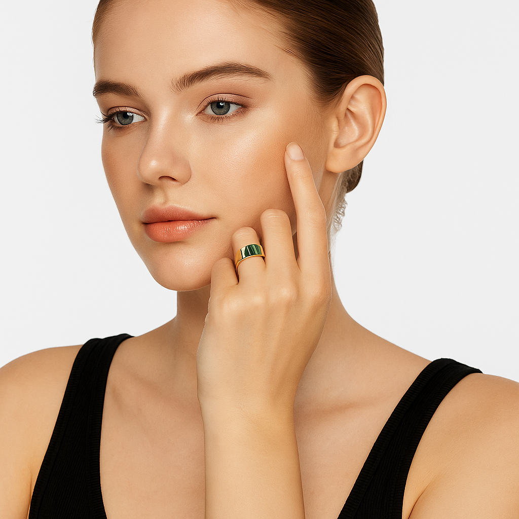 Gold Plated Malachite Gemstone Bar Ring - Adjustable Unisex Signet Style - model-show-0715004 