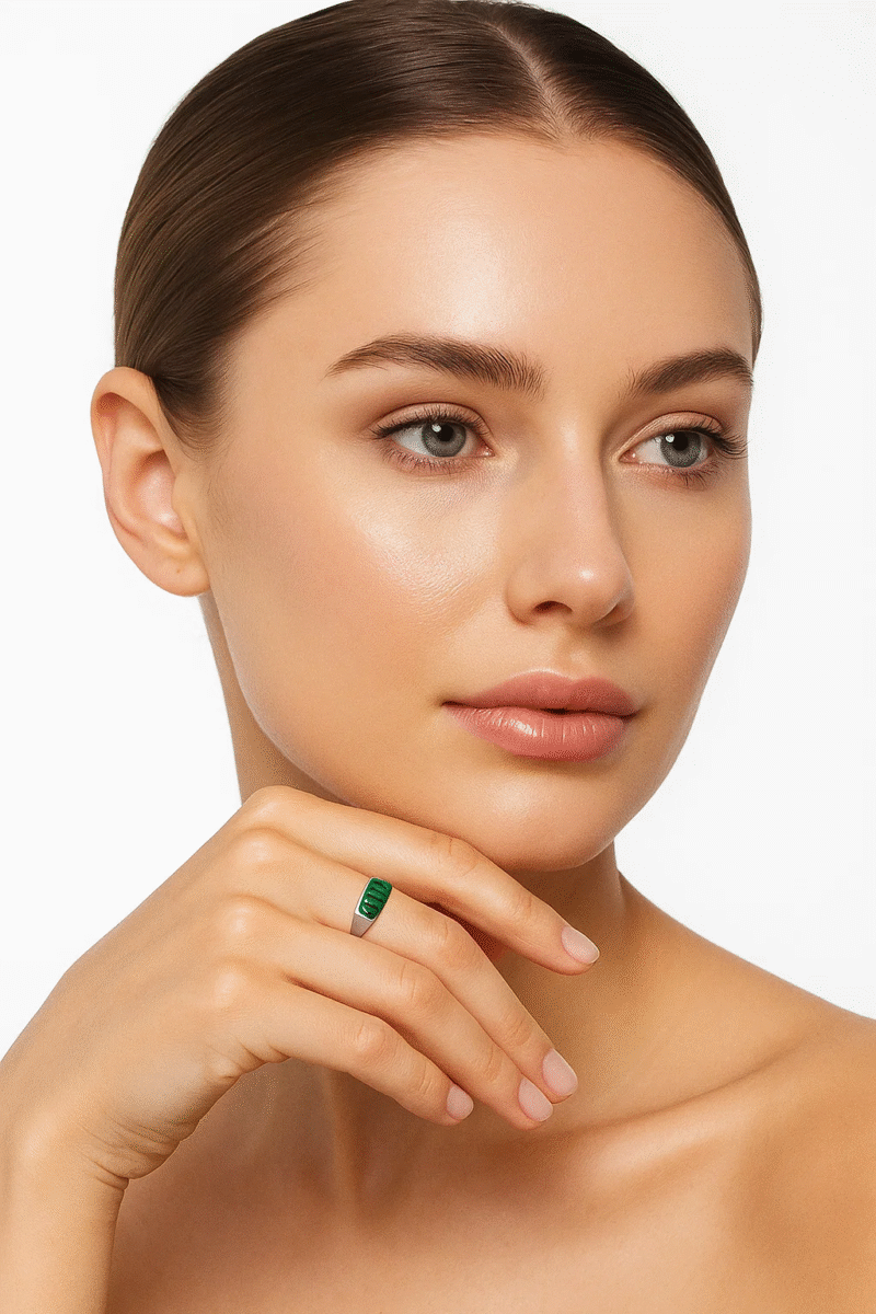 Sterling Silver Malachite Gemstone Bar Ring - Adjustable Unisex Style