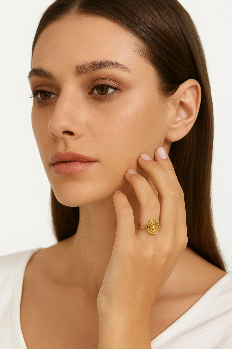 Gold Plated Rose Flower Adjustable Ring with Zircon Accent for Women