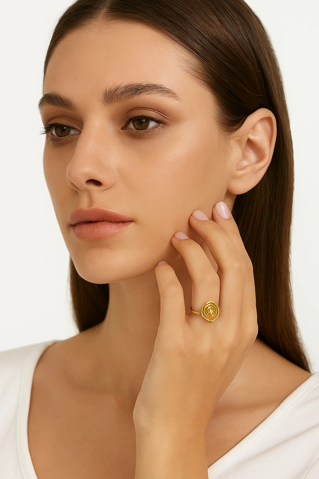 Gold Plated Rose Flower Adjustable Ring with Zircon Accent for Women - model-show-0715010 