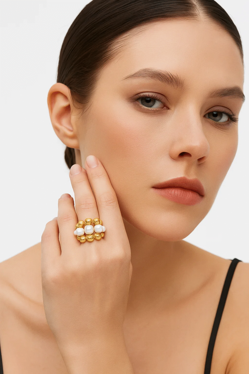 Gold Plated Bubble Pearl Cluster Ring - Chunky Statement Fashion Jewelry