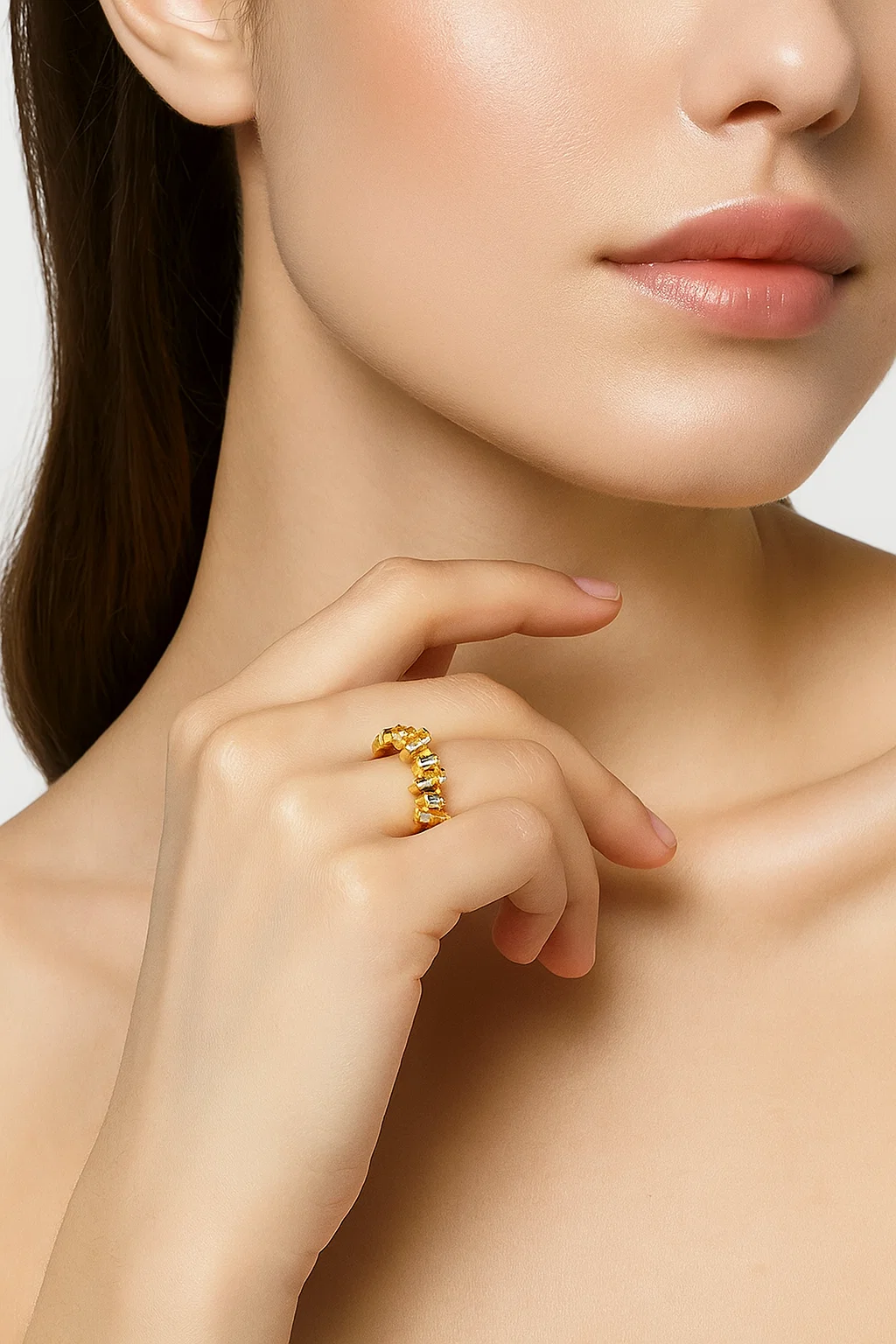 Gold Plated Baguette & Geometric Zircon Ring Set - Adjustable Stackable Fashion Jewelry - model-show-0715012 