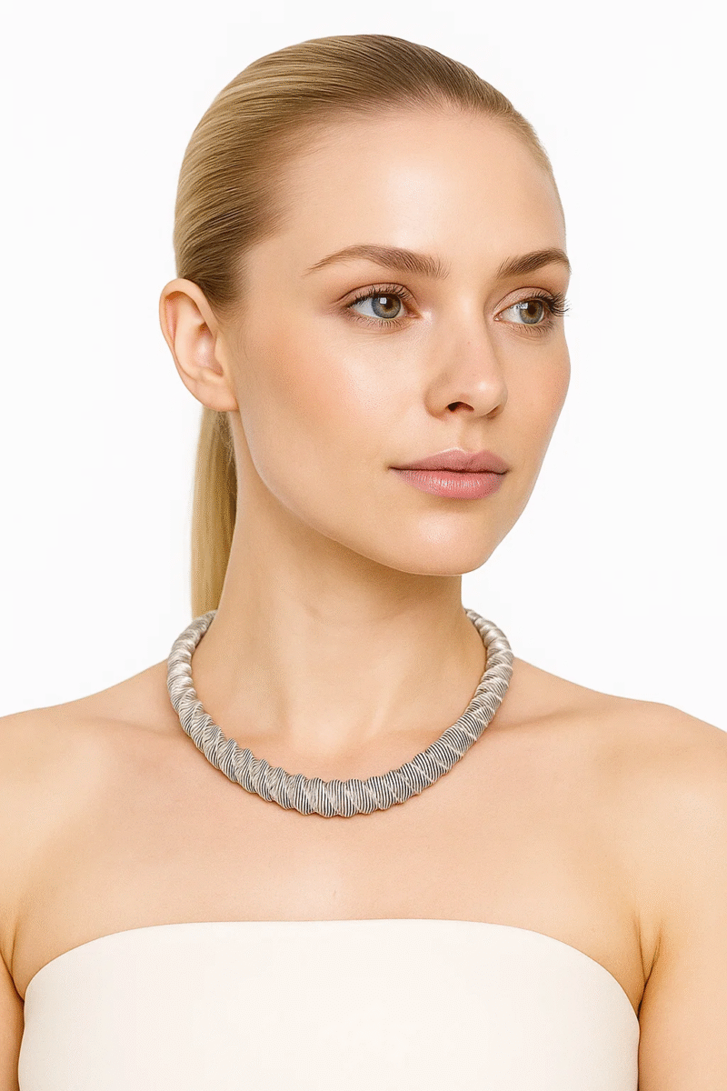 Silver Tone Spiral Coil Statement Necklace for Women - Adjustable Choker