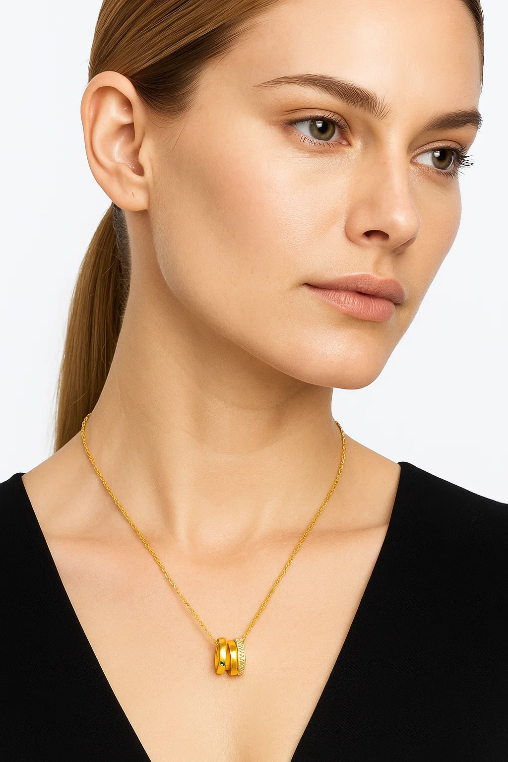 Gold Triple Ring Pendant Necklace for Women - CZ Crystal Charm Chain