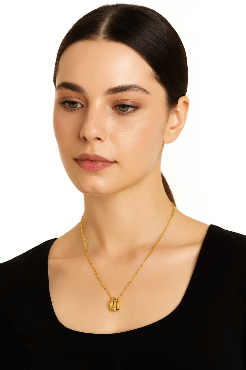 Gold Triple Ring Pendant Necklace for Women - Colorful Gemstone & Engraved Charm
