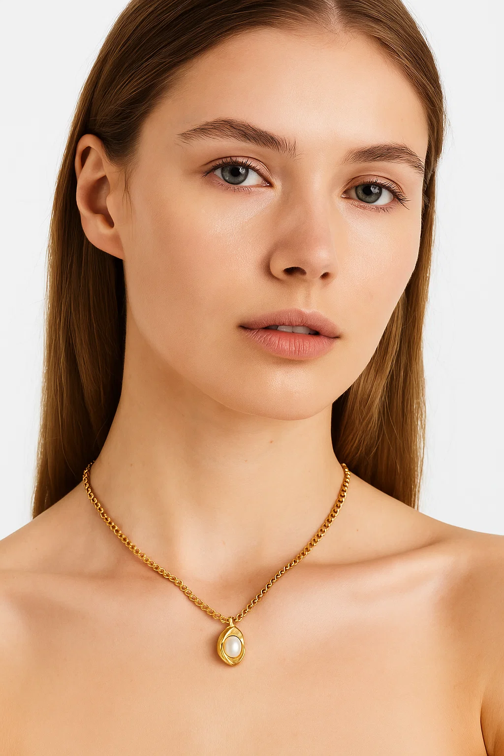 Freshwater Pearl Organic Gold Pendant Necklace - Dainty & Unique Jewelry Gift for Women - model-show-0726001 