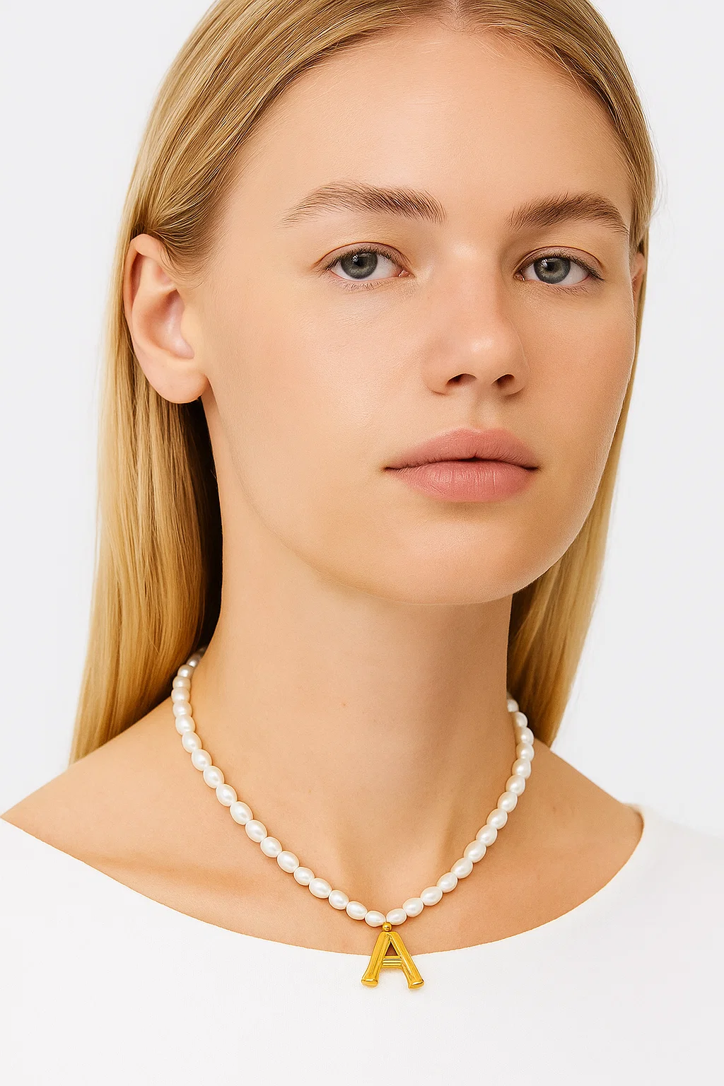 Freshwater Pearl Initial Necklace - Gold Letter A Pendant Choker - Personalized Jewelry Gift for Women - model-show-0726002 