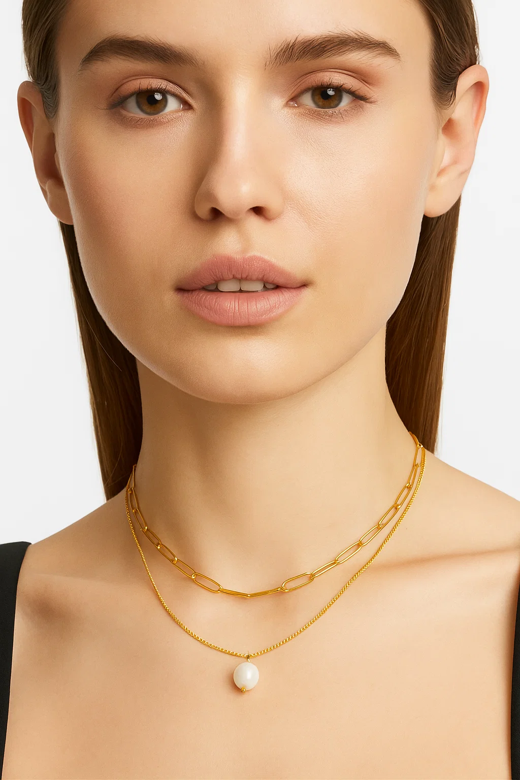 Layered Gold Chain & Pearl Pendant Necklace - Dainty Paperclip Chain Set for Women