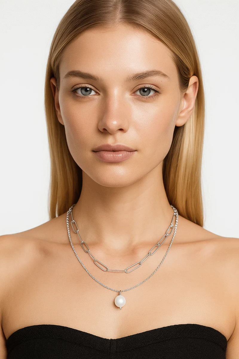 Layered Silver Paperclip Chain & Pearl Pendant Necklace - Modern Dainty Set for Women