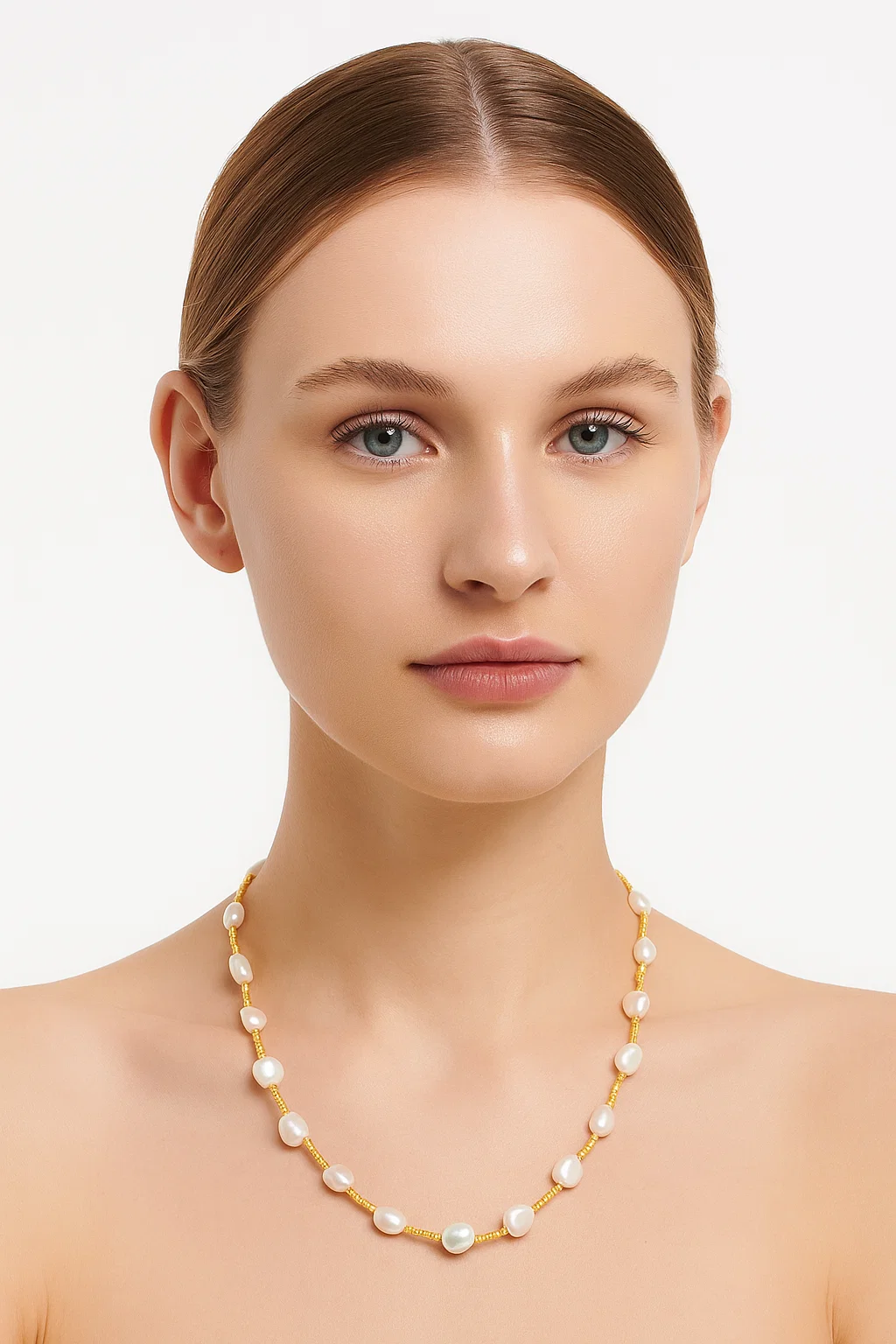 Freshwater Pearl & Gold Bead Choker Necklace - Dainty Beaded Jewelry for Women - model-show-0726005 