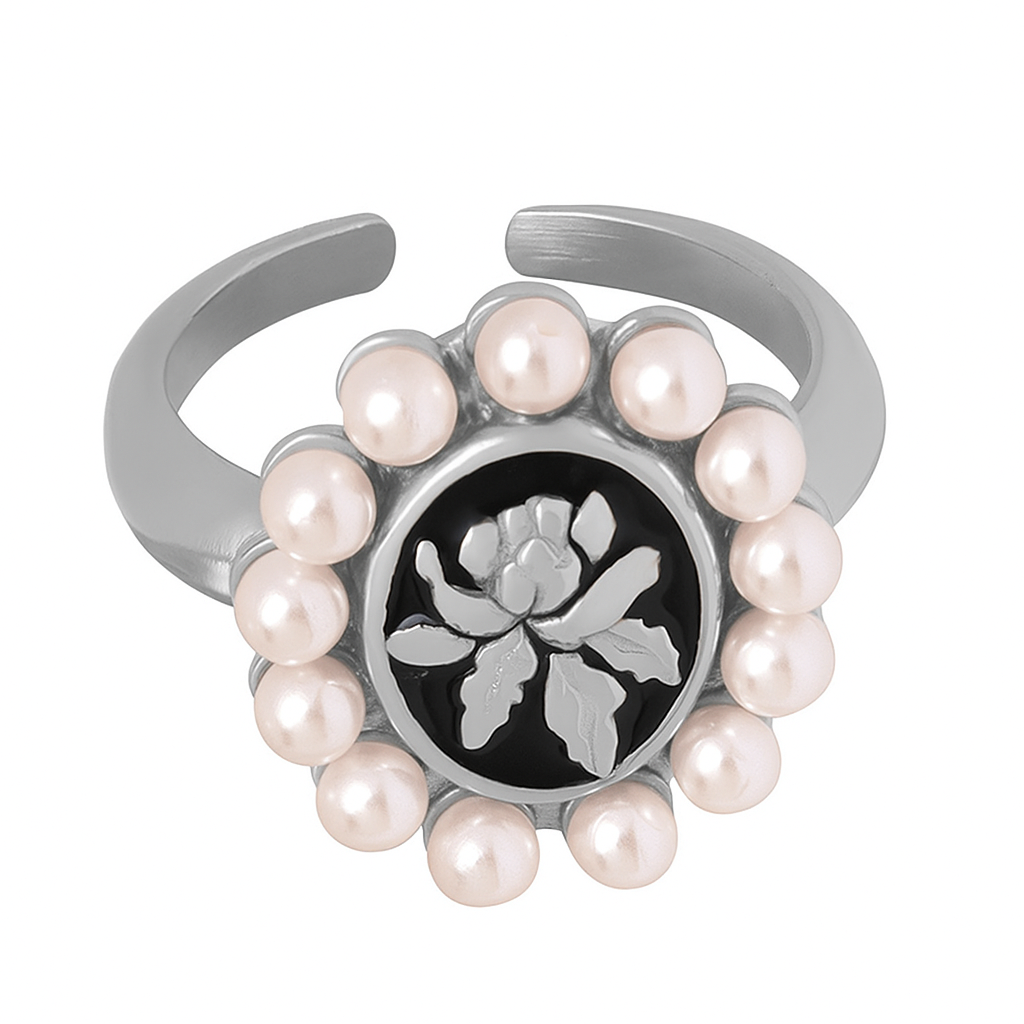 Sterling Silver Pearl & Black Enamel Floral Adjustable Ring for Women