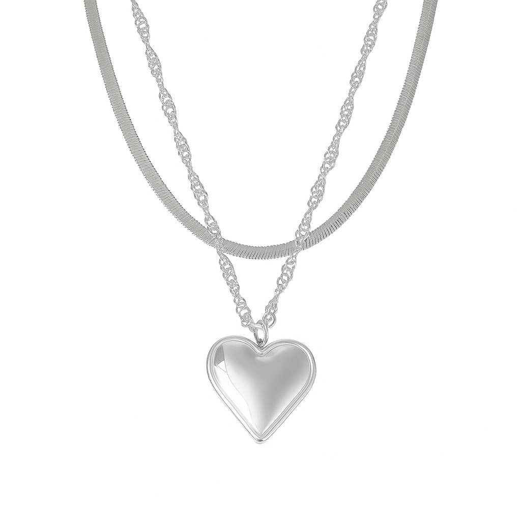 Silver Plated Heart Pendant Layered Necklace for Women