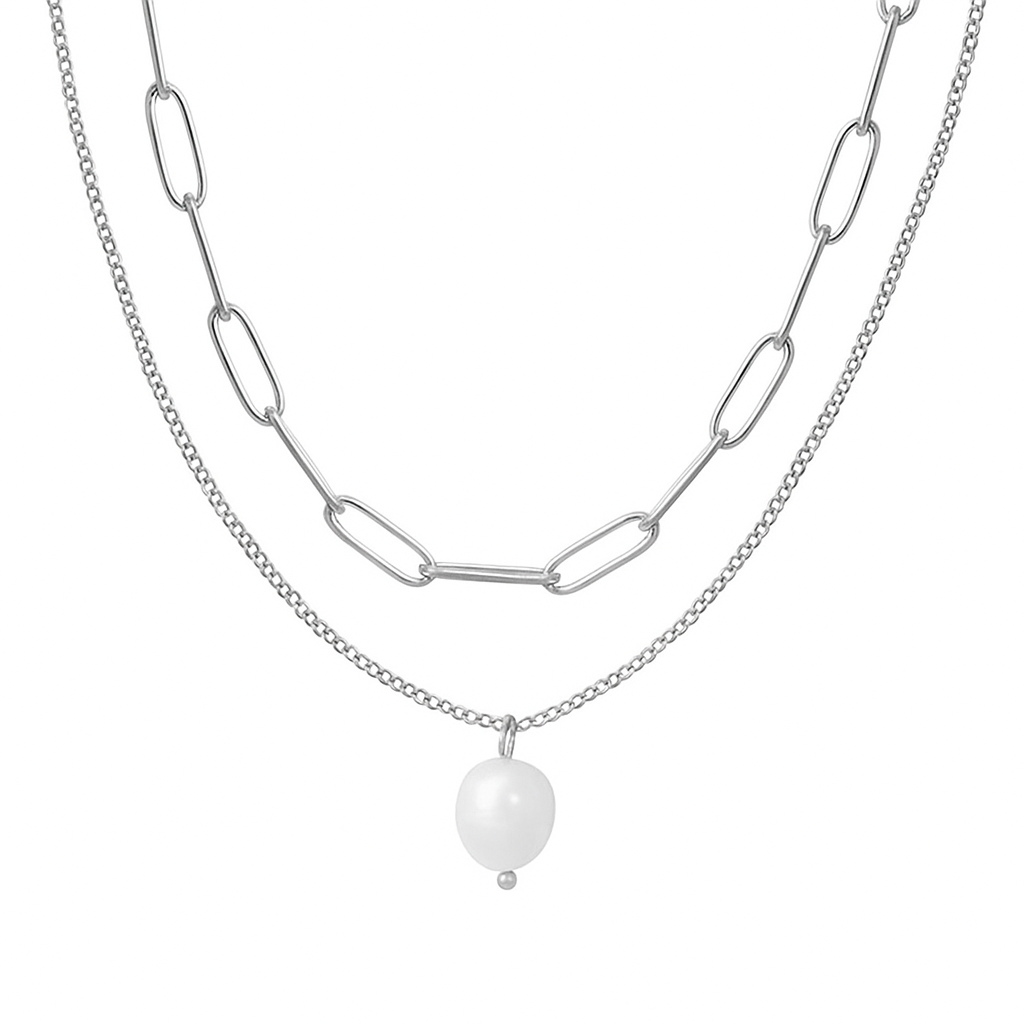 Layered Silver Paperclip Chain & Pearl Pendant Necklace - Modern Dainty Set for Women