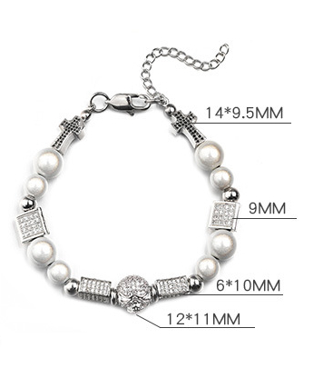 Hip Hop Men's Pearl Skull Bracelet with Cross Charms - CZ Studded Jewelry Gift - size-braclet0717 