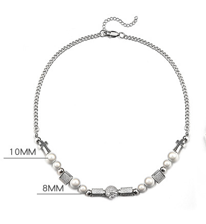 Men's Iced Out Skull Cross Pearl Necklace - Hip Hop Chain with Zirconia Accents - size-necklace0717 