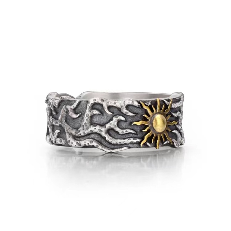 Vintage Sun & Cloud Sterling Silver Ring | Adjustable Oxidized Silver Band | Unique Celestial Design for Men & Women - 主图-3 