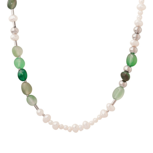 Natural Green Agate & Freshwater Pearl Beaded Necklace - Sterling Silver Accents
