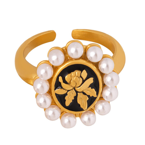 Gold Plated Pearl & Black Enamel Floral Adjustable Ring for Women
