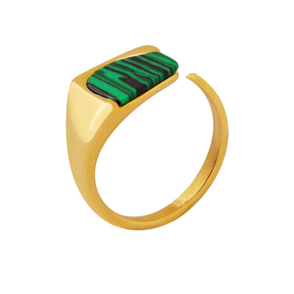 Gold Plated Malachite Gemstone Bar Ring - Adjustable Unisex Signet Style