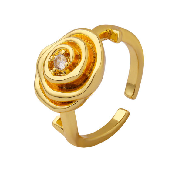 Gold Plated Rose Flower Adjustable Ring with Zircon Accent for Women