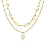 Layered Gold Chain & Pearl Pendant Necklace – Dainty Paperclip Chain Set for Women