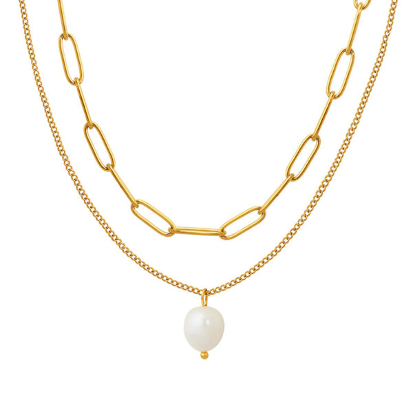 Layered Gold Chain & Pearl Pendant Necklace - Dainty Paperclip Chain Set for Women