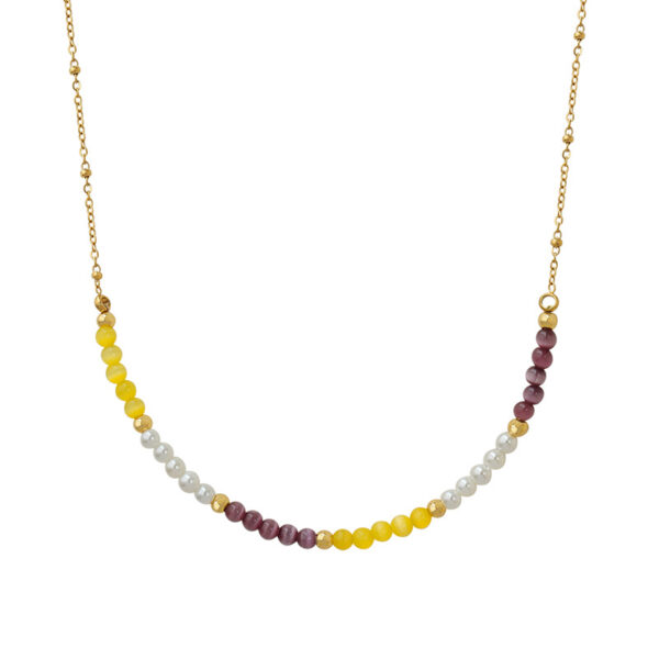 Ombre Gemstone & Pearl Dainty Necklace - Yellow, Purple & White Beaded Gold Chain