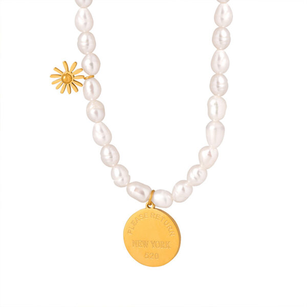 Freshwater Pearl Necklace with "Please Return New York" Tag & Sun Charm - Gold Pendant Choker for Women