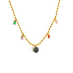 Gold Beaded Chain Necklace with Colorful Zircon Charms & Stone Pendant – Dainty & Modern
