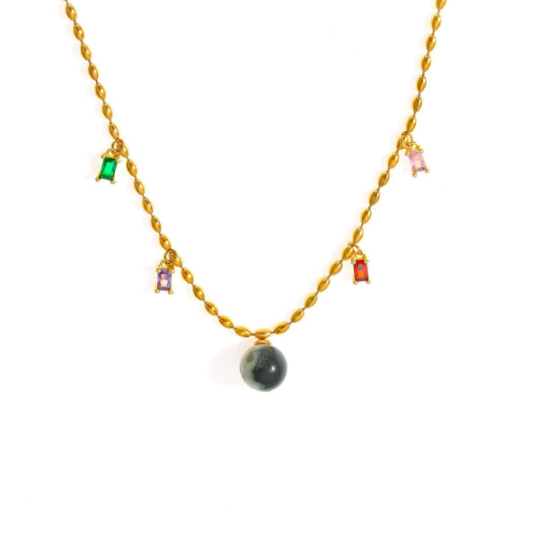 Gold Beaded Chain Necklace with Colorful Zircon Charms & Stone Pendant - Dainty & Modern