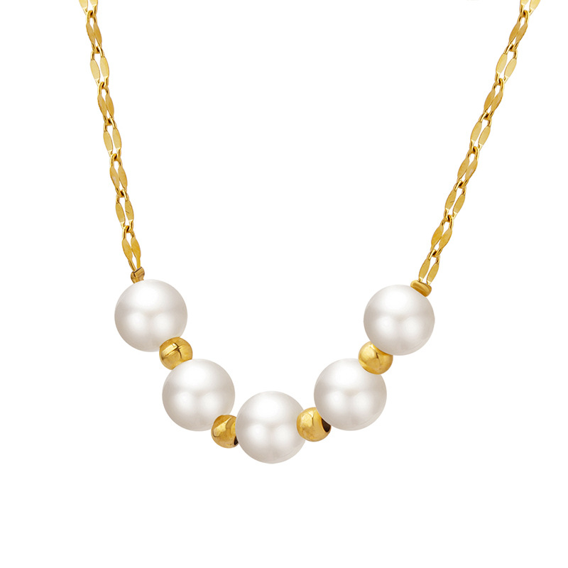 Elegant Gold Tone Chain Necklace with White Faux Pearls & Gold Beads - Dainty & Classic Design