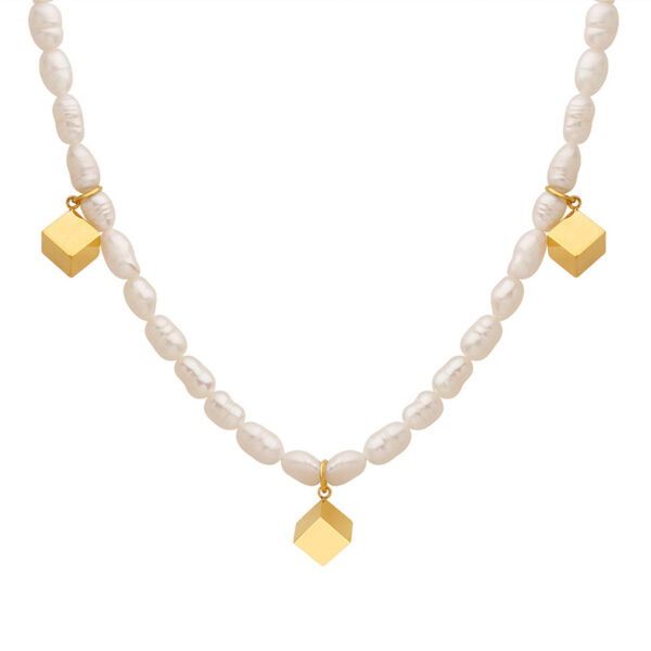 Freshwater Pearl & Gold Cube Charm Necklace - Dainty & Modern Jewelry