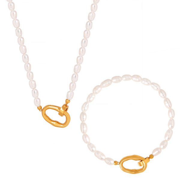 Freshwater Pearl Necklace & Bracelet Set - 18K Gold Plated Organic Link Clasp