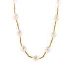 Imitation Pearl & 18K Gold Plated Bar Link Station Necklace – Modern Beaded Chain